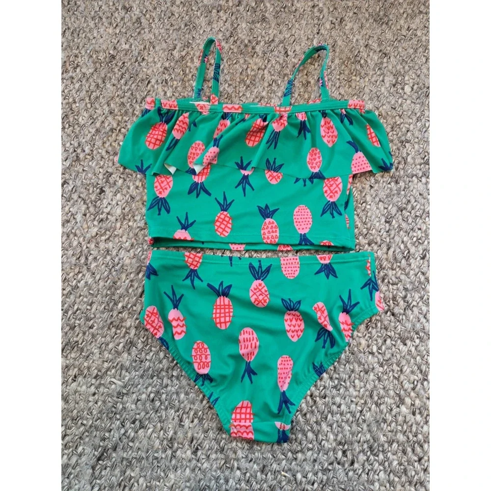 Hanna Andersson Green Pineapple Fruit 2 Piece Swimsuit Ruffled Girls 140 US 10